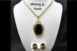 Whiting & Davis Victorian Black Gold Pendant Necklace Set, Clip Earrings, 1960s